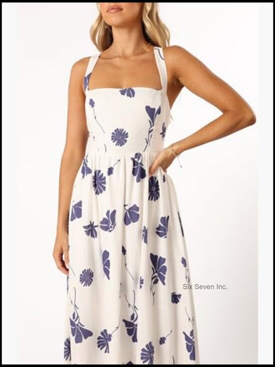 Viscose Linen Maxi Dress with Square Neck and Lace Back - Picture 7 of 7